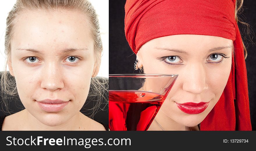 Portrait of a young girl in red color (before and after applying makeup). Portrait of a young girl in red color (before and after applying makeup)