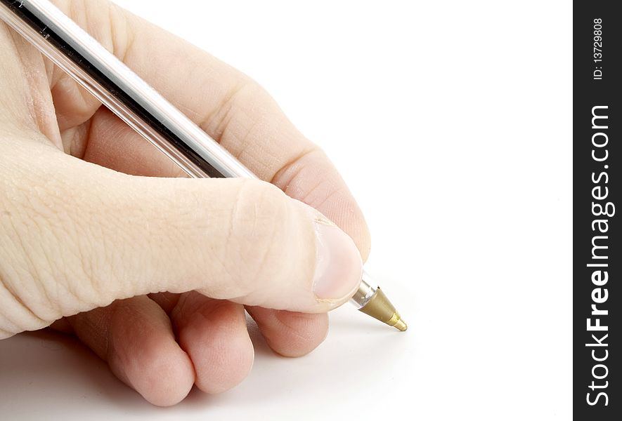 Hand with a pen on white background