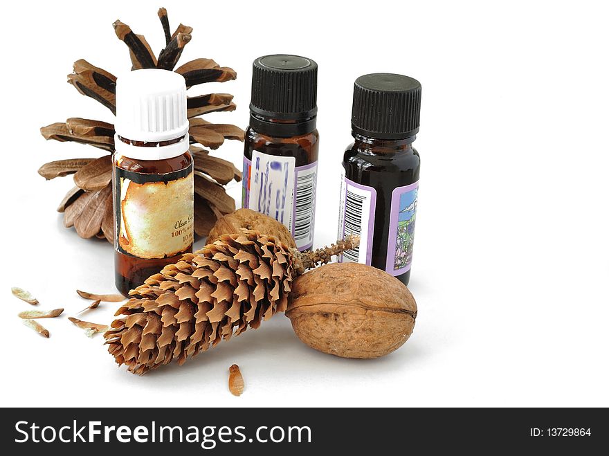 Image of seeds and nuts of trees with bottles extruded oils. Image of seeds and nuts of trees with bottles extruded oils