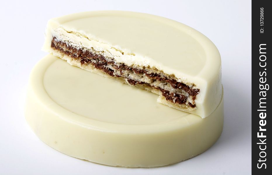 Delicatessen made of white chocolate biscuit