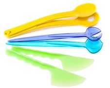 Colour Plastic Dishes, Fork, Spoon, Knife Royalty Free Stock Images Colour Plastic Dishes, Fork, Spoon, Knife Royalty Free Stock Images