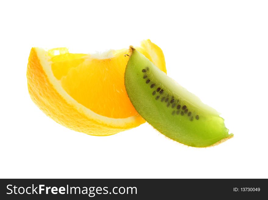 Orange and kiwi fruit on white background