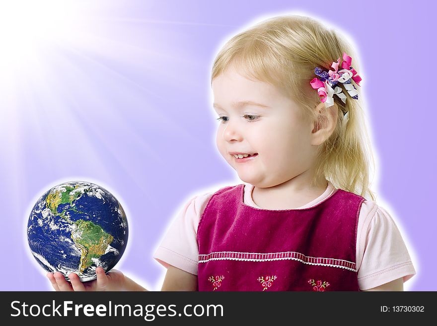 Europenian Girl 2 y.o. hold litlle globe and smiles. Europenian Girl 2 y.o. hold litlle globe and smiles