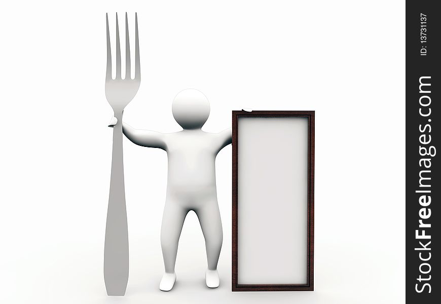 3d man with a big fork isolated on white background. 3d man with a big fork isolated on white background