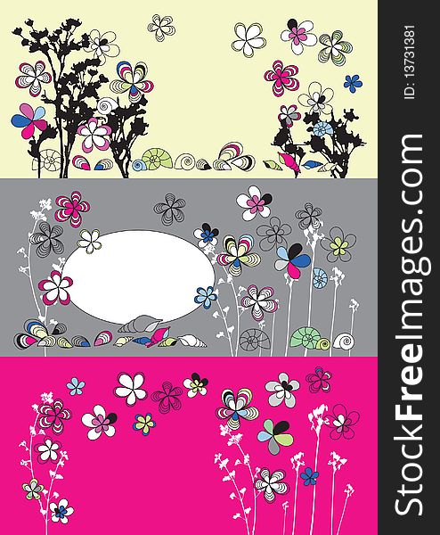 Graphic set with flowers drawing and shells
