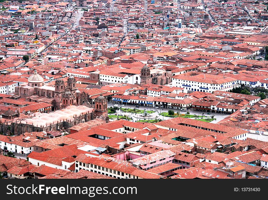 The city of Cuzco Peru with Plaza de Armsa in the middle