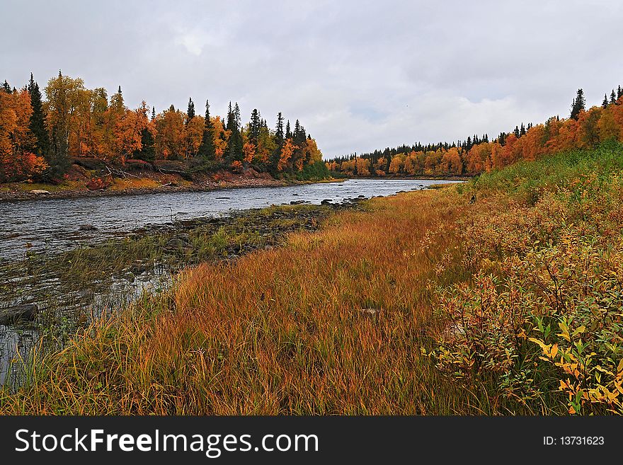 River Kitsa at Kola peninsula last of september cloudy day. River Kitsa at Kola peninsula last of september cloudy day