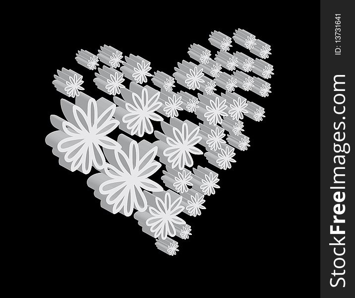 Heart consisting of 3-D flowers, black and white