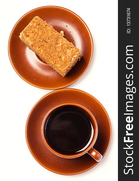 Caffee and honey cake (isolated)