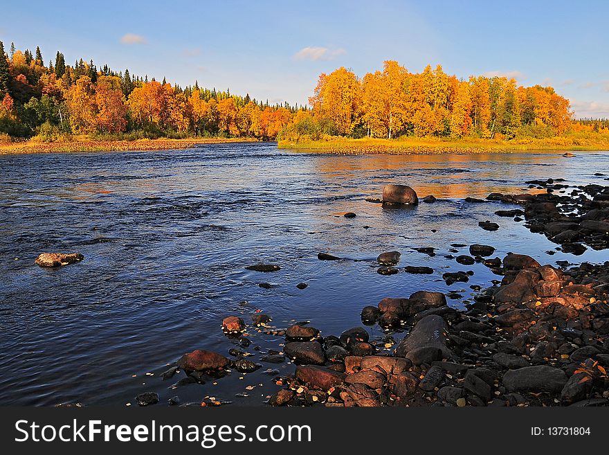 River Kitsa at Kola peninsula last of september cloudy day. River Kitsa at Kola peninsula last of september cloudy day