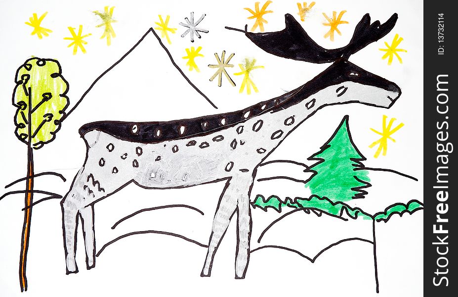 Deer in the winter forest. Children's drawing.