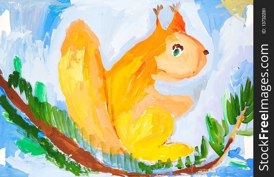 Squirrel on a branch. Children's drawing.