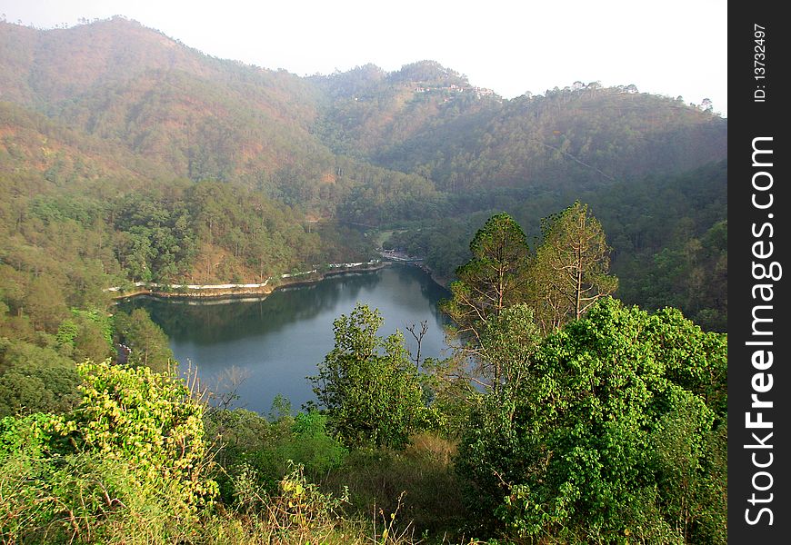 Forest surrouding lake in hills. Forest surrouding lake in hills