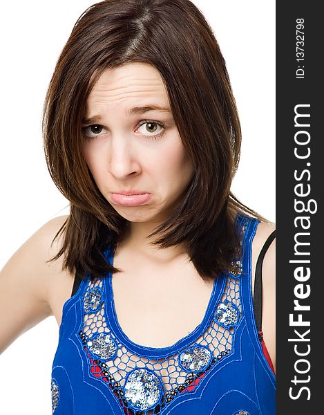 Unhappy young woman isolated on white background