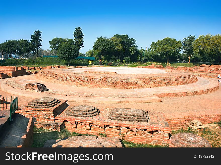 Buddhist ruins dates to the 5th century AD,  where the Buddha preached his first sermon near  Dhanekh Stupa in Sarnath, India