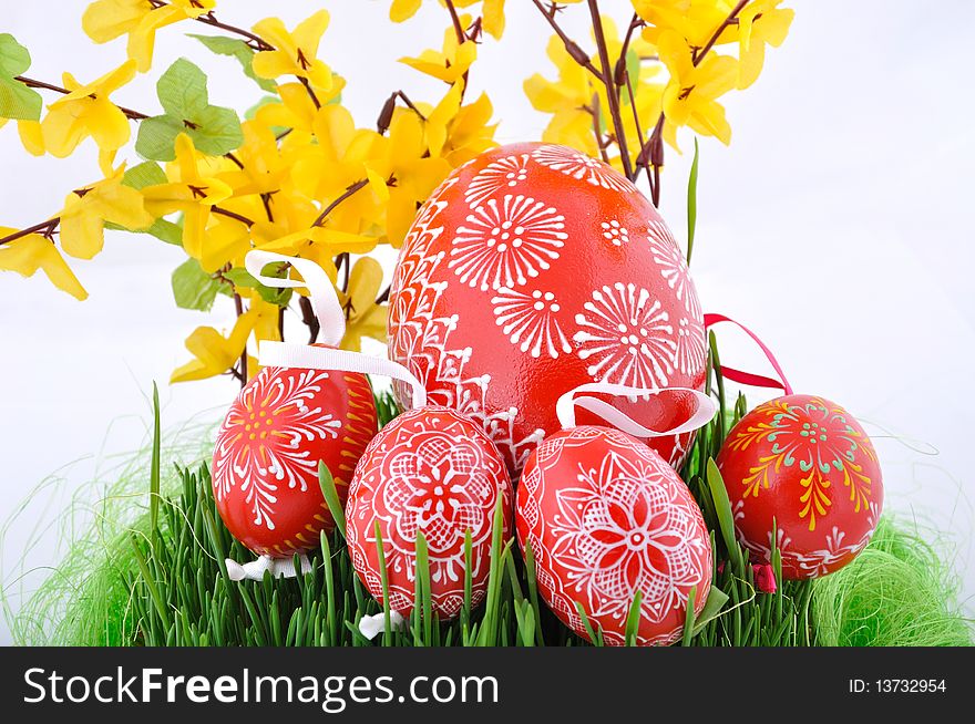 Hand painted czech easter eggs in fresh green grass