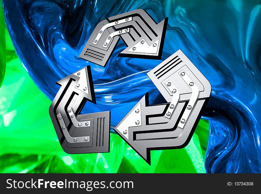 Artistic recycling symbol over abstract green blue background Conceptual 3D illustration. Artistic recycling symbol over abstract green blue background Conceptual 3D illustration