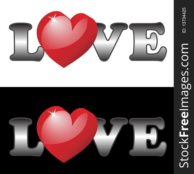 Metal word Love decorated 3D heart. Vector illustration.