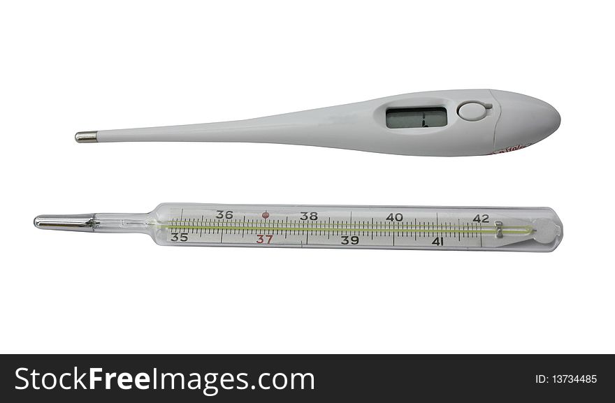 Two thermometer on white background. Mercury and electronic.