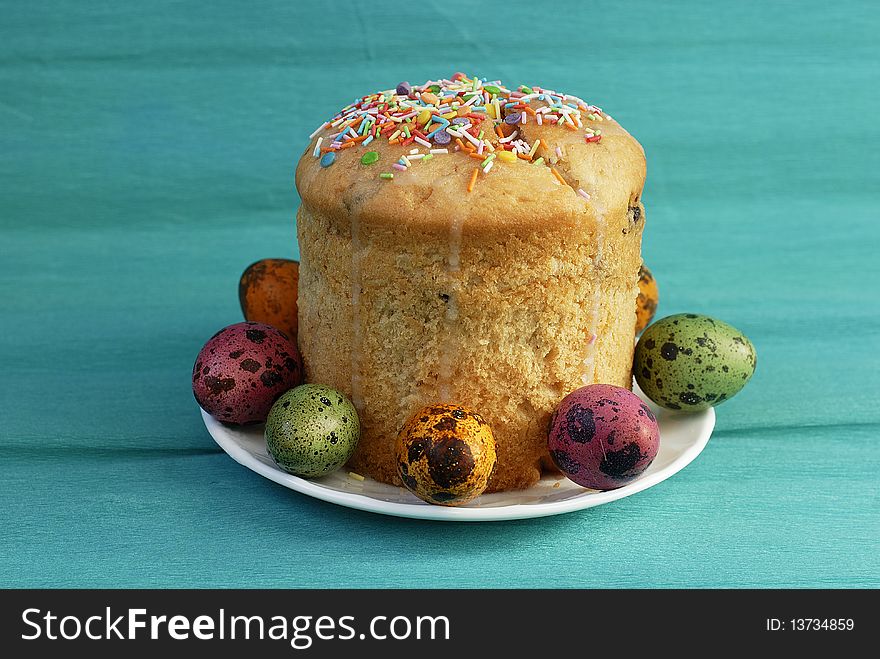 Easter cake with quail eggs. Easter cake with quail eggs
