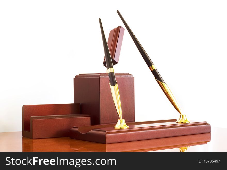 Table wooden stationery set, a white background