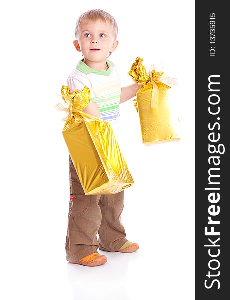 Child with gifts. Isolated on white background