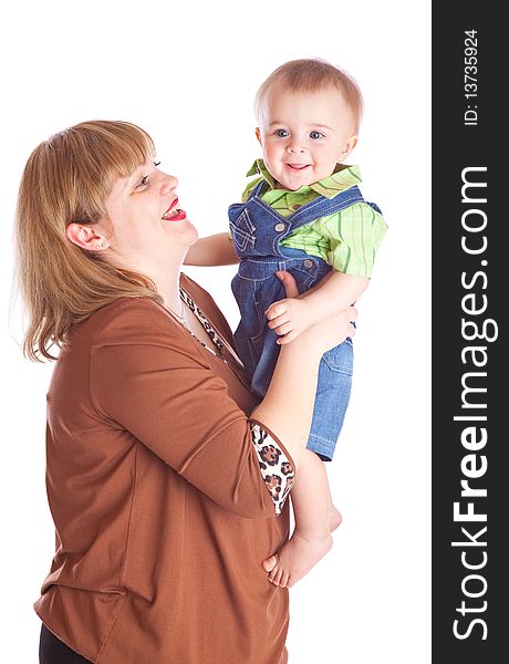 Mother and son. Isolated on white background