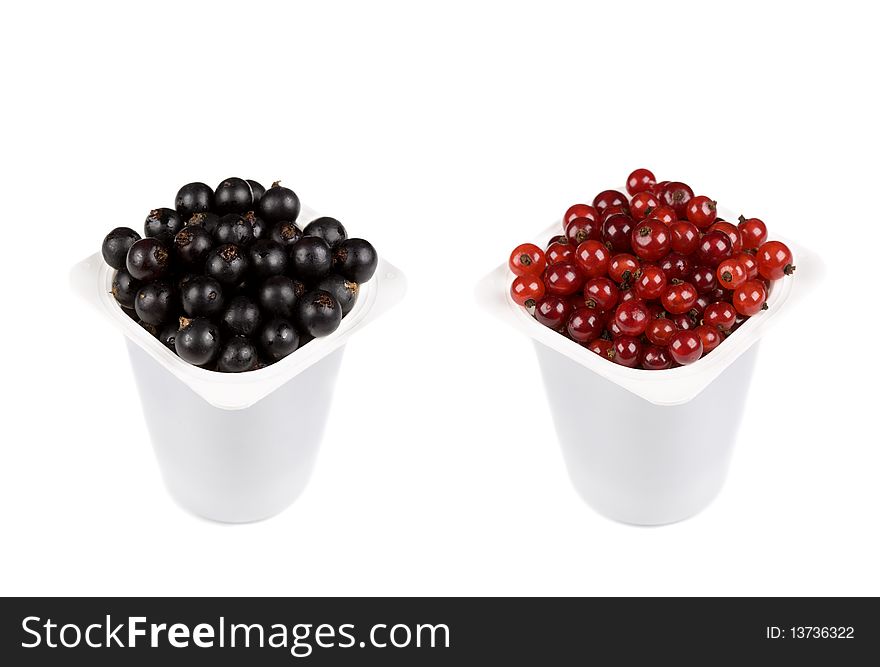 Two plastic yogurt containers with black and red currant isolated on white. Two plastic yogurt containers with black and red currant isolated on white