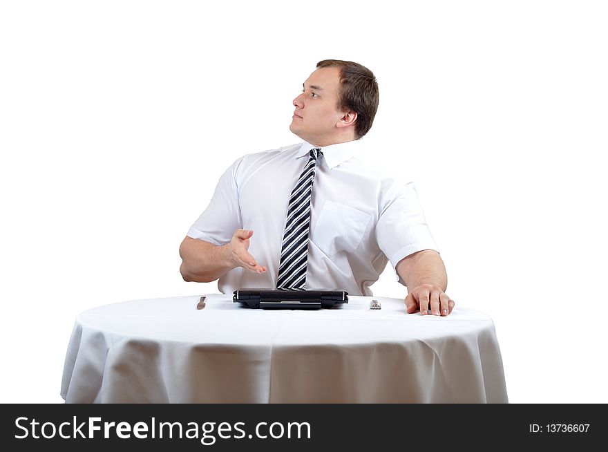 Businessman is complaing about notebook by lunch. Businessman is complaing about notebook by lunch