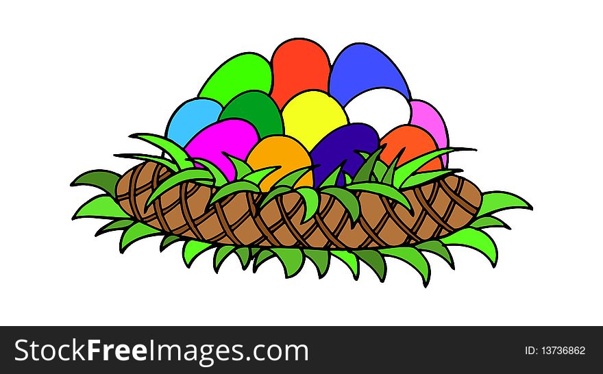 Coloured drawing of eggs in the basket under set by grass. Coloured drawing of eggs in the basket under set by grass.