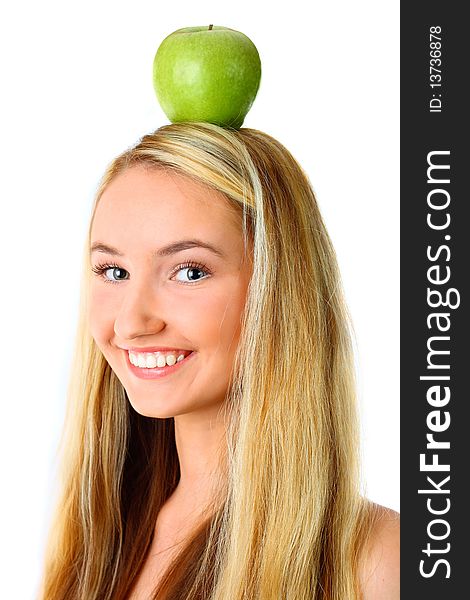 Pretty young woman with green apple.