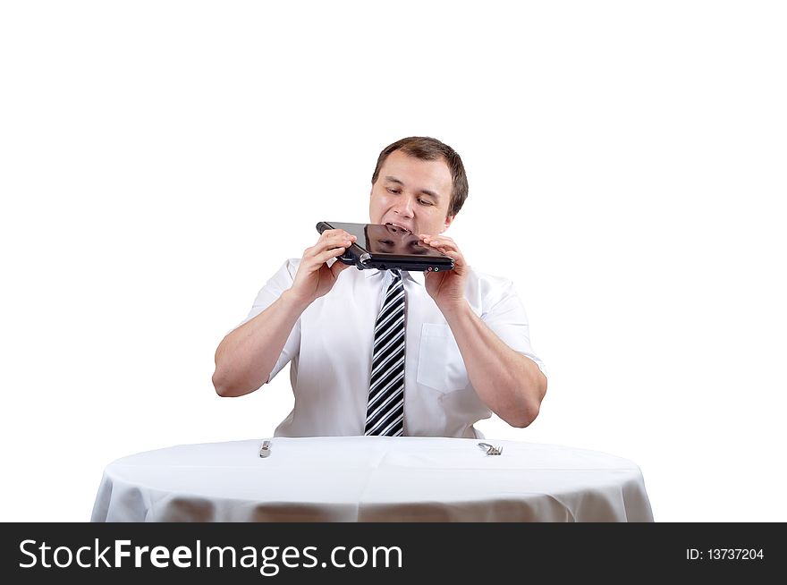 Very hungry businessman is eating notebook, white isolate background