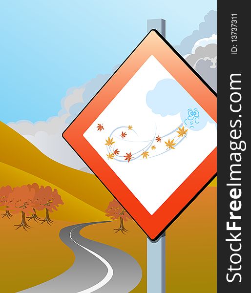 Rappresentation of a road sign with depicted a cloud blowing violently and that indicating the arrival of autumn. Rappresentation of a road sign with depicted a cloud blowing violently and that indicating the arrival of autumn.