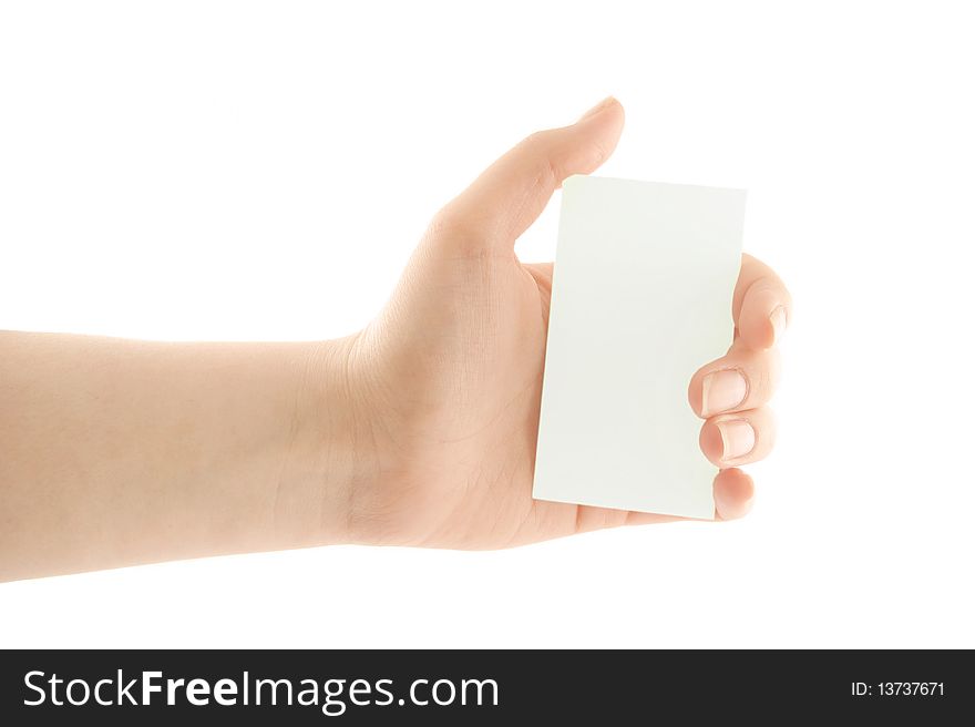 Hand holding a blank business card.