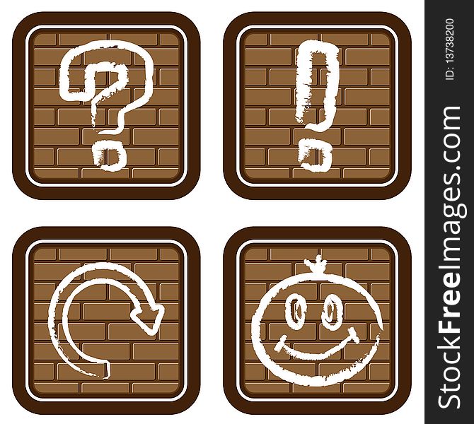 illustration with buttons for web devices and icons drawn by a white paint on a brick wall. illustration with buttons for web devices and icons drawn by a white paint on a brick wall.