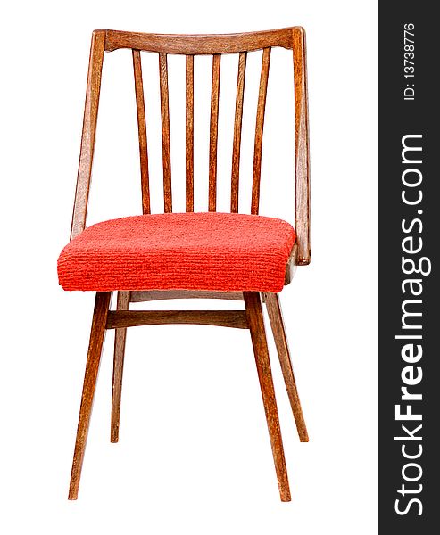 Old fashioned stool with red cloth seat covering isolated on white. Old fashioned stool with red cloth seat covering isolated on white