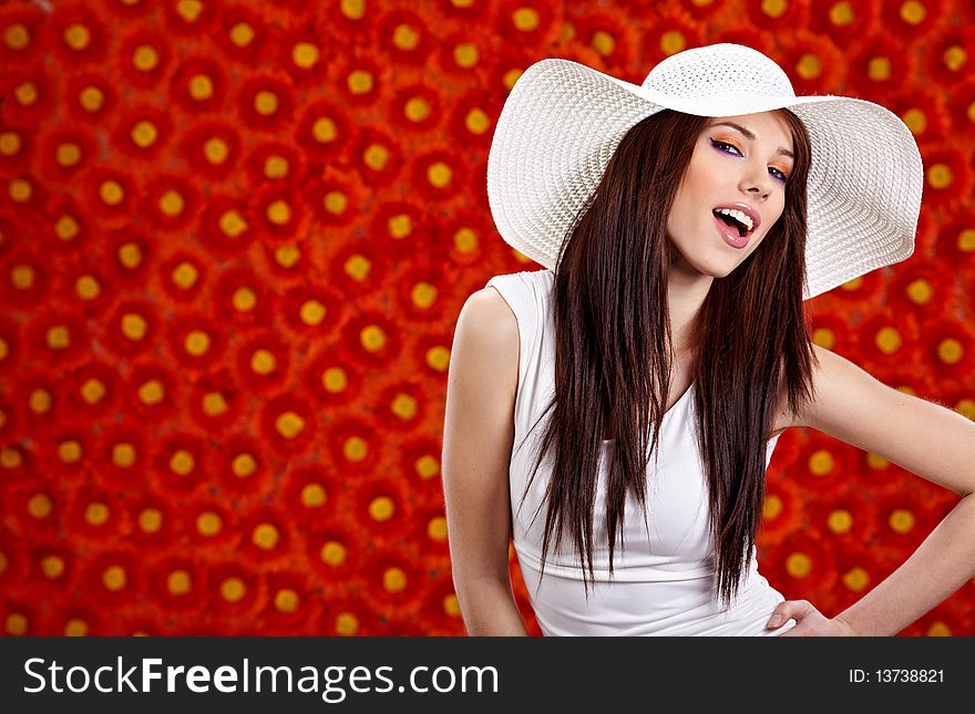 Woman Over Red Flowers Wall