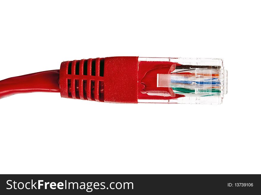 Red network plug on white background