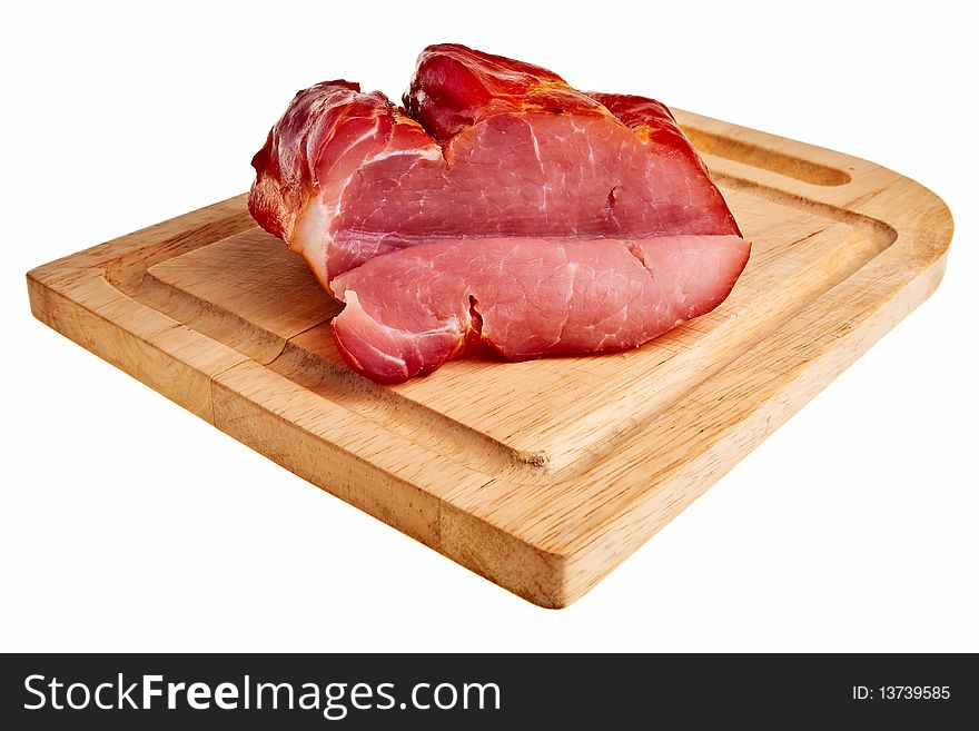 Smoked bacon on wooden board isolated over white background. Smoked bacon on wooden board isolated over white background.