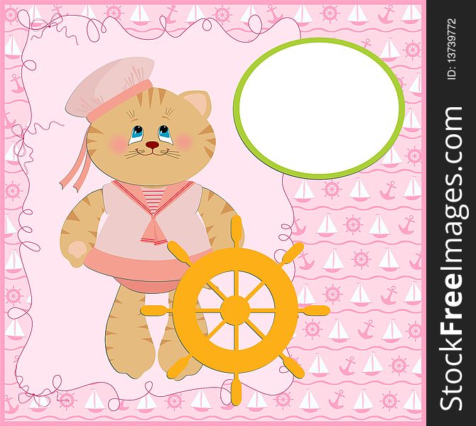 Baby's postcard with sailor cat in pink colors