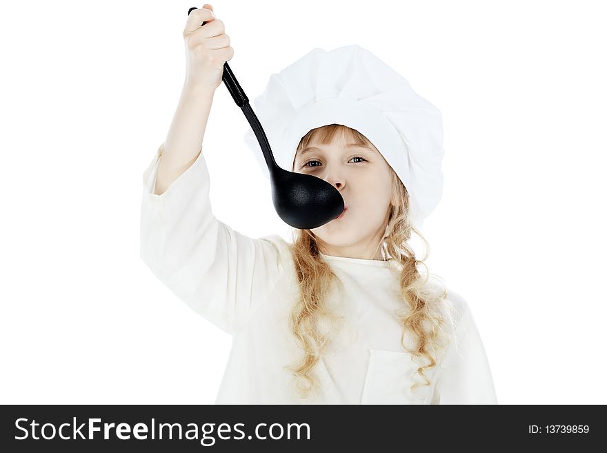 Shot of a little kitchen girl in a white uniform. Isolated over white background. Shot of a little kitchen girl in a white uniform. Isolated over white background.