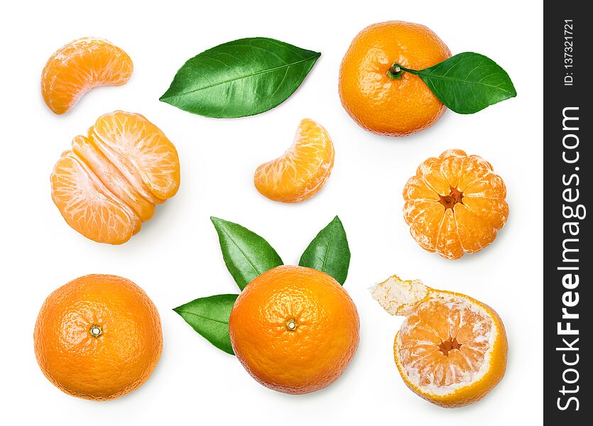 Set of fresh mandarin with leaf isolated on white