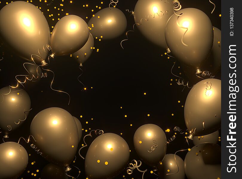 Party banner with goled balloons on black background and place for text. Happy birthday cards design. Festive or present
