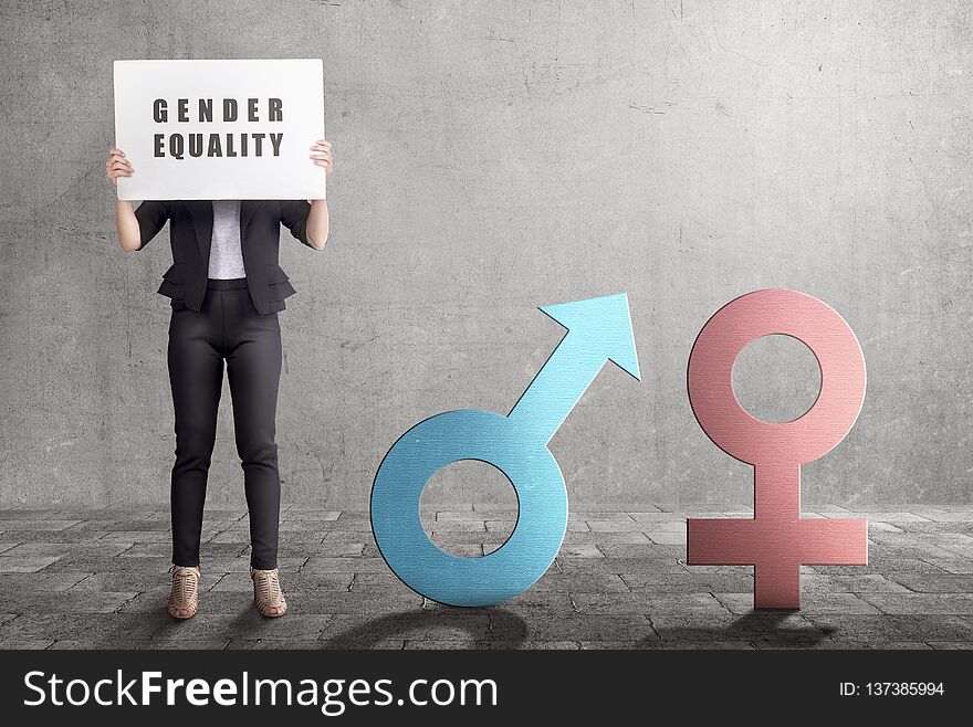 Business woman showing symbol of gender equality in the white banner. Equality gender concept