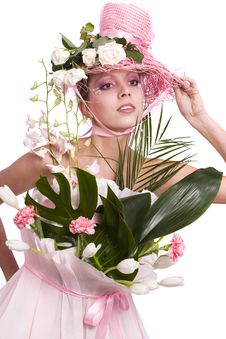 Fashion Woman Is Bunch Of Flowers. Stock Photo Fashion Woman Is Bunch Of Flowers. Stock Photo