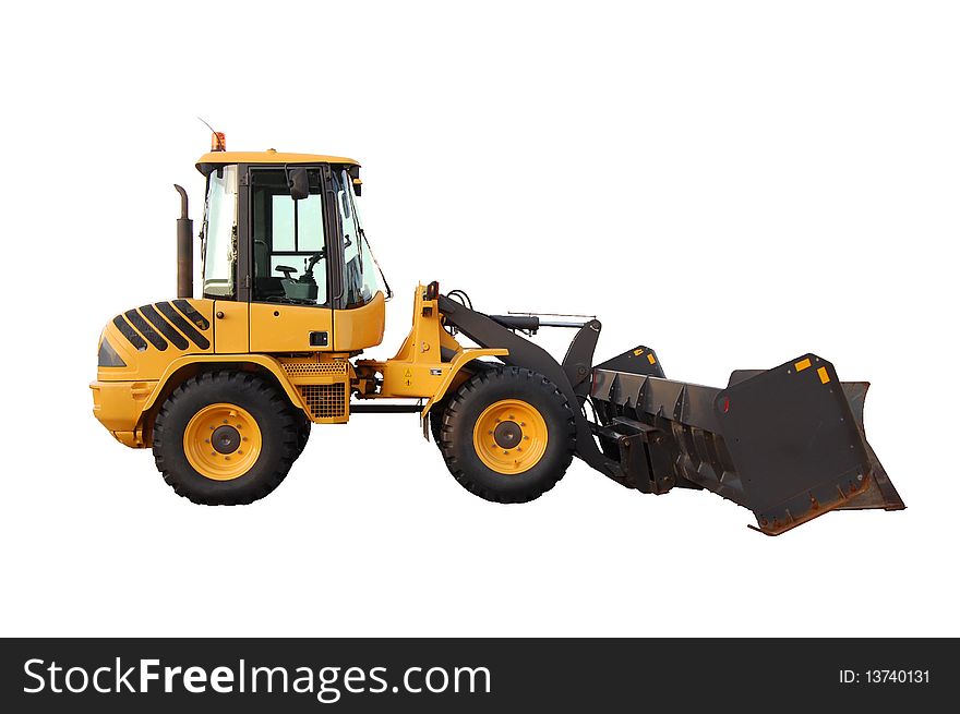 Skid steer loader with snow pusher attachment, isolated, with clipping path