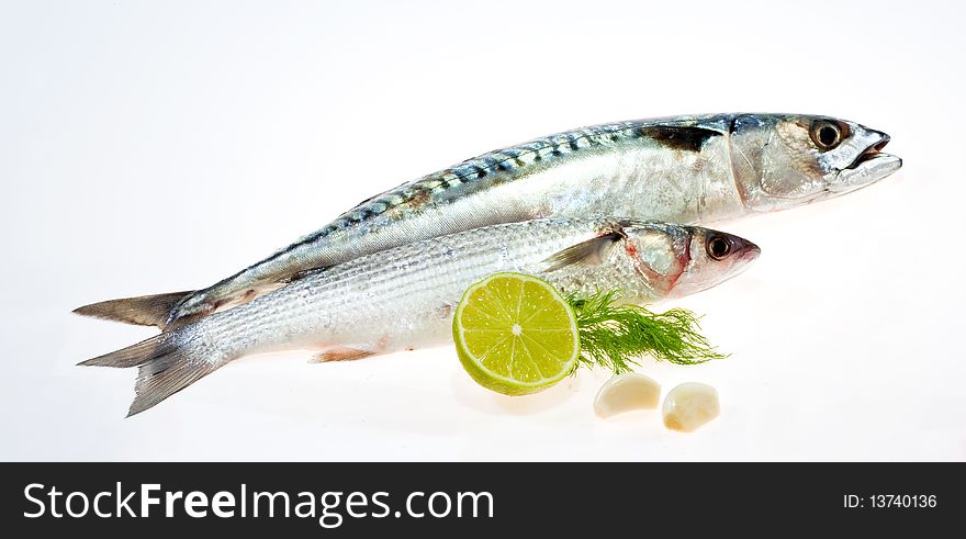 Mackerel and mullet with garlic and lemon isolated on a white background