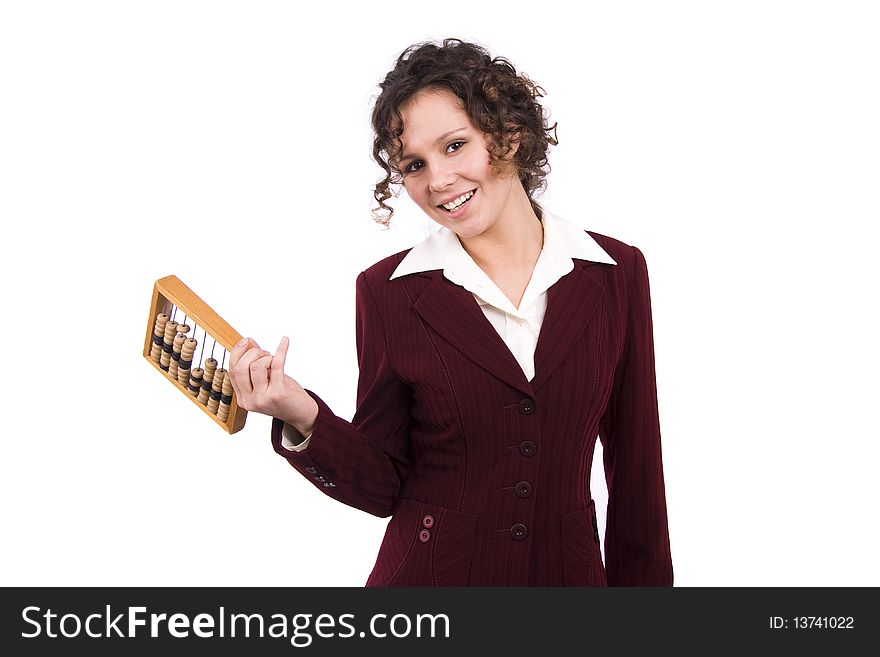 Portrait of a smiling businesswoman holding wooden abacus.  Young attractive girl use an abacus. Isolated over white background. Portrait of a smiling businesswoman holding wooden abacus.  Young attractive girl use an abacus. Isolated over white background.