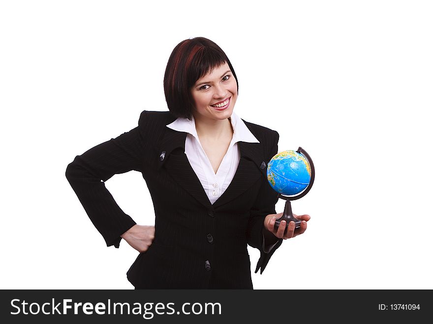 Businesswoman holding Earth globe  in a hand, isolated on white.  Attractive business woman holding a miniature globe. I'll give you the World. Businesswoman holding Earth globe  in a hand, isolated on white.  Attractive business woman holding a miniature globe. I'll give you the World.