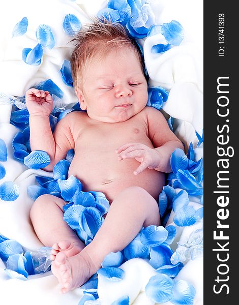 Baby boy with flowers on white background